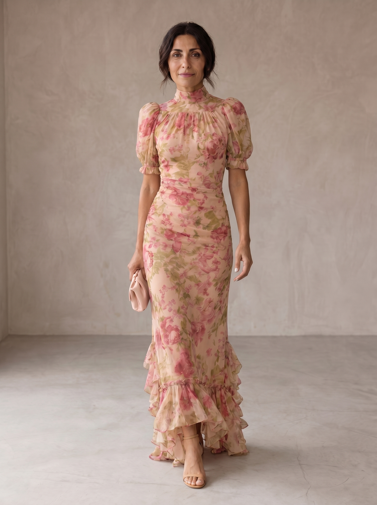Rosario | Lang kjole i chiffon med blomstermønster