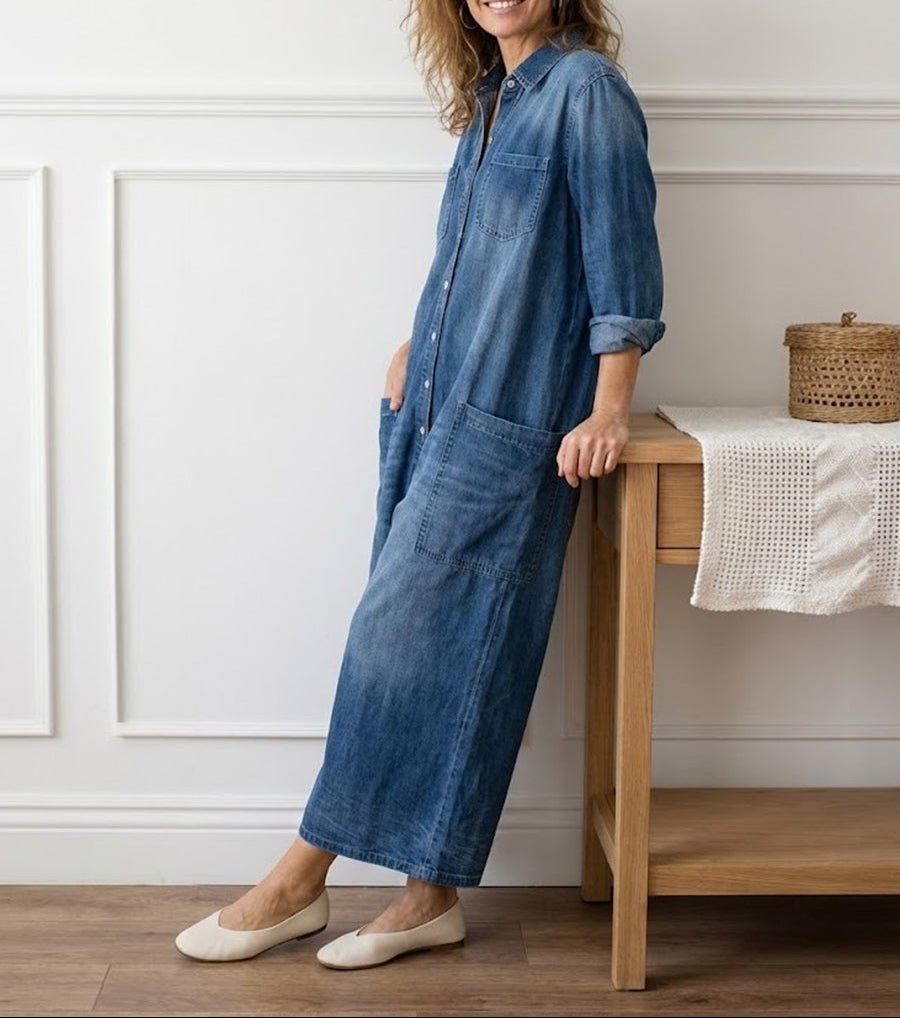 Diana | Vintage Washed Soft Cotton Denim Jumpsuit med knaplukning