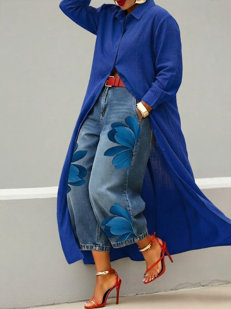 Daniella – Hørkjole & blomstrende denim-sæt