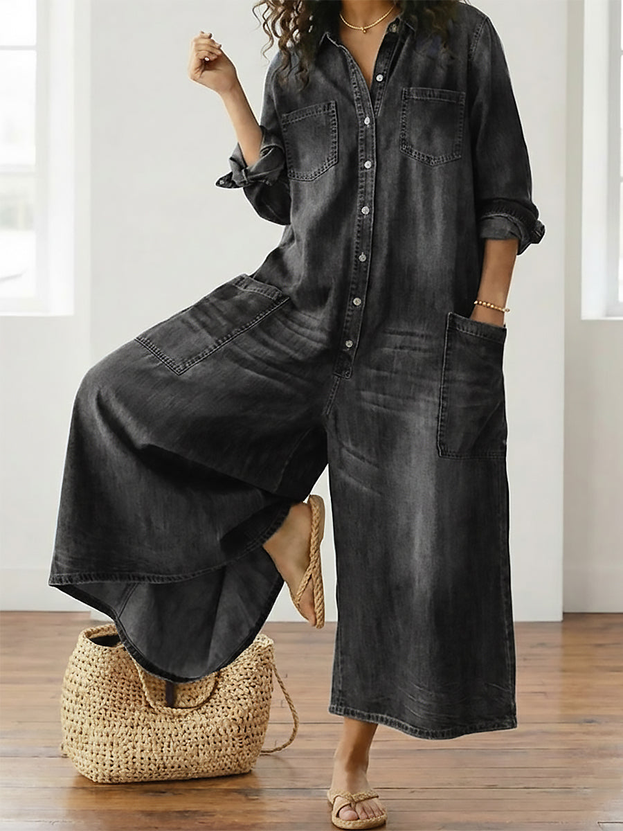 Diana | Vintage Washed Soft Cotton Denim Jumpsuit med knaplukning