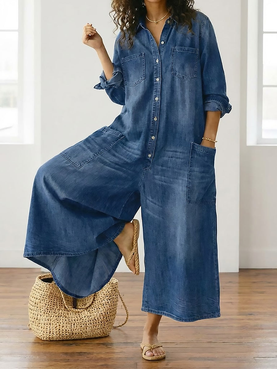 Diana | Vintage Washed Soft Cotton Denim Jumpsuit med knaplukning