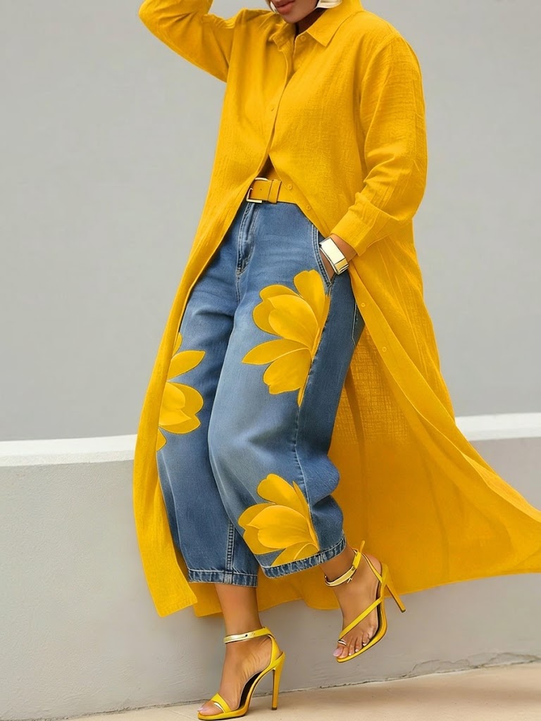 Daniella – Hørkjole & blomstrende denim-sæt