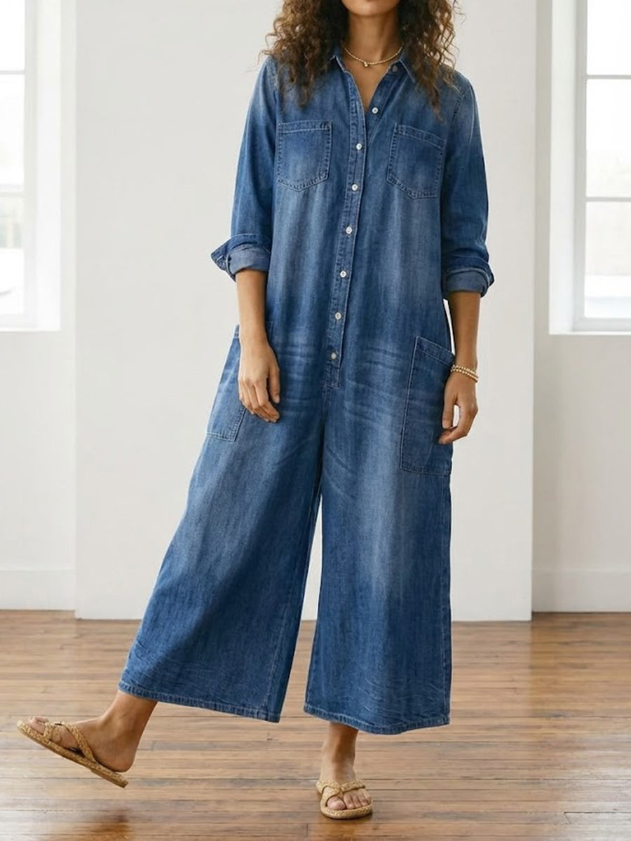 Diana | Vintage Washed Soft Cotton Denim Jumpsuit med knaplukning