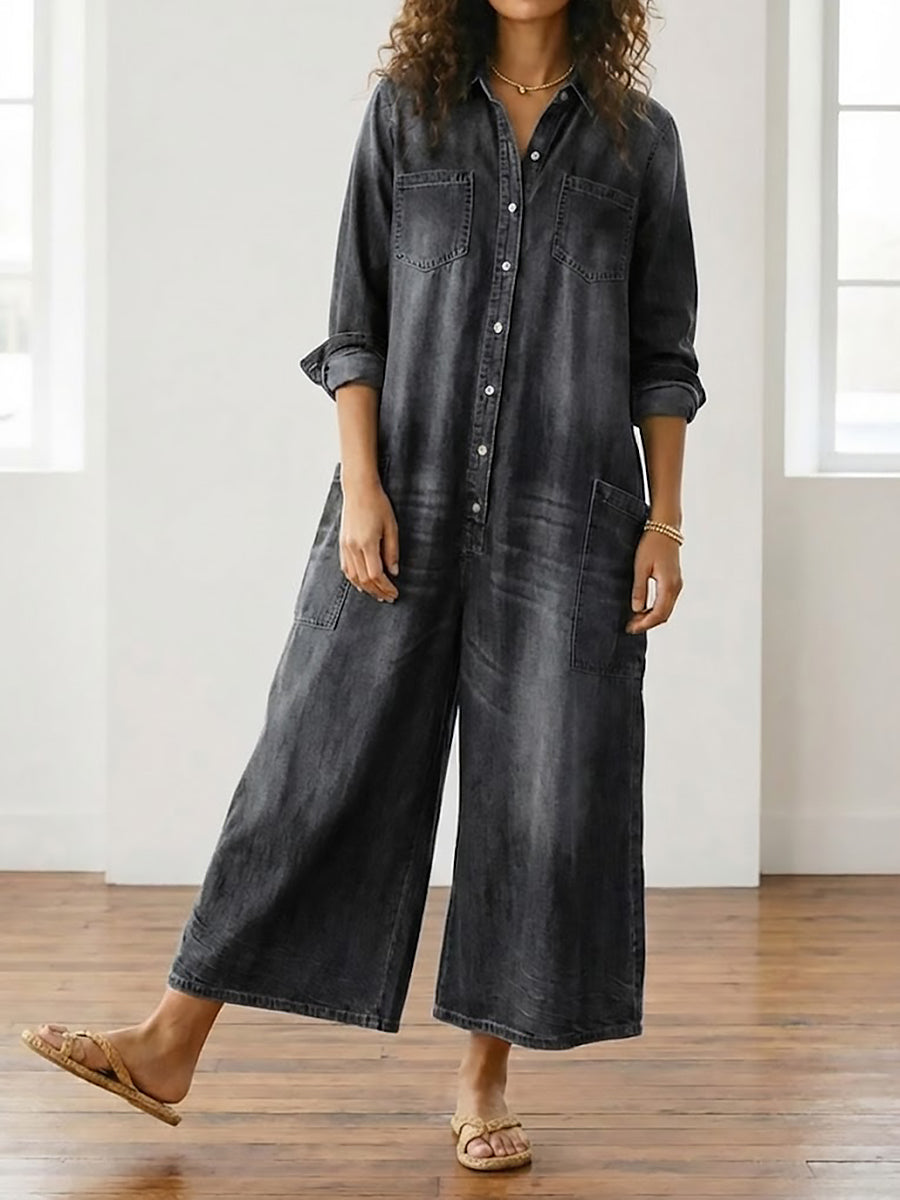 Diana | Vintage Washed Soft Cotton Denim Jumpsuit med knaplukning