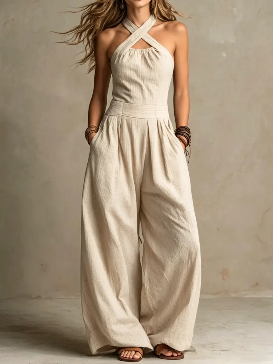 Isabella | Lang, løstsiddende jumpsuit med halterneck-udskæring