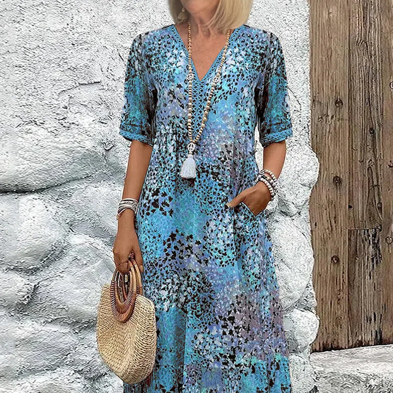🌸 VIVID PRINT V-NECK MIDI DRESS — Waisted Silhouette | Lightweight & Floaty