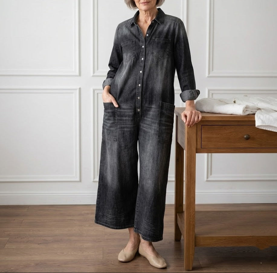 Diana | Vintage Washed Soft Cotton Denim Jumpsuit med knaplukning
