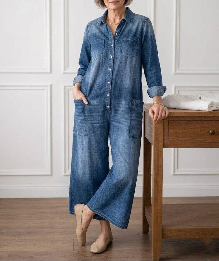 Diana | Vintage Washed Soft Cotton Denim Jumpsuit med knaplukning